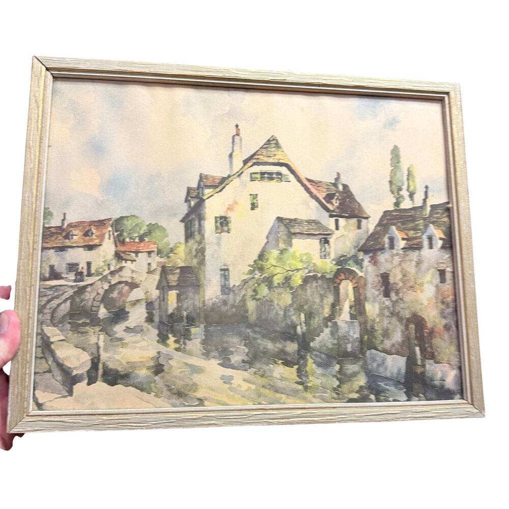 Vintage John C Hare Watercolor Print - Charming European Village Framed 12x15